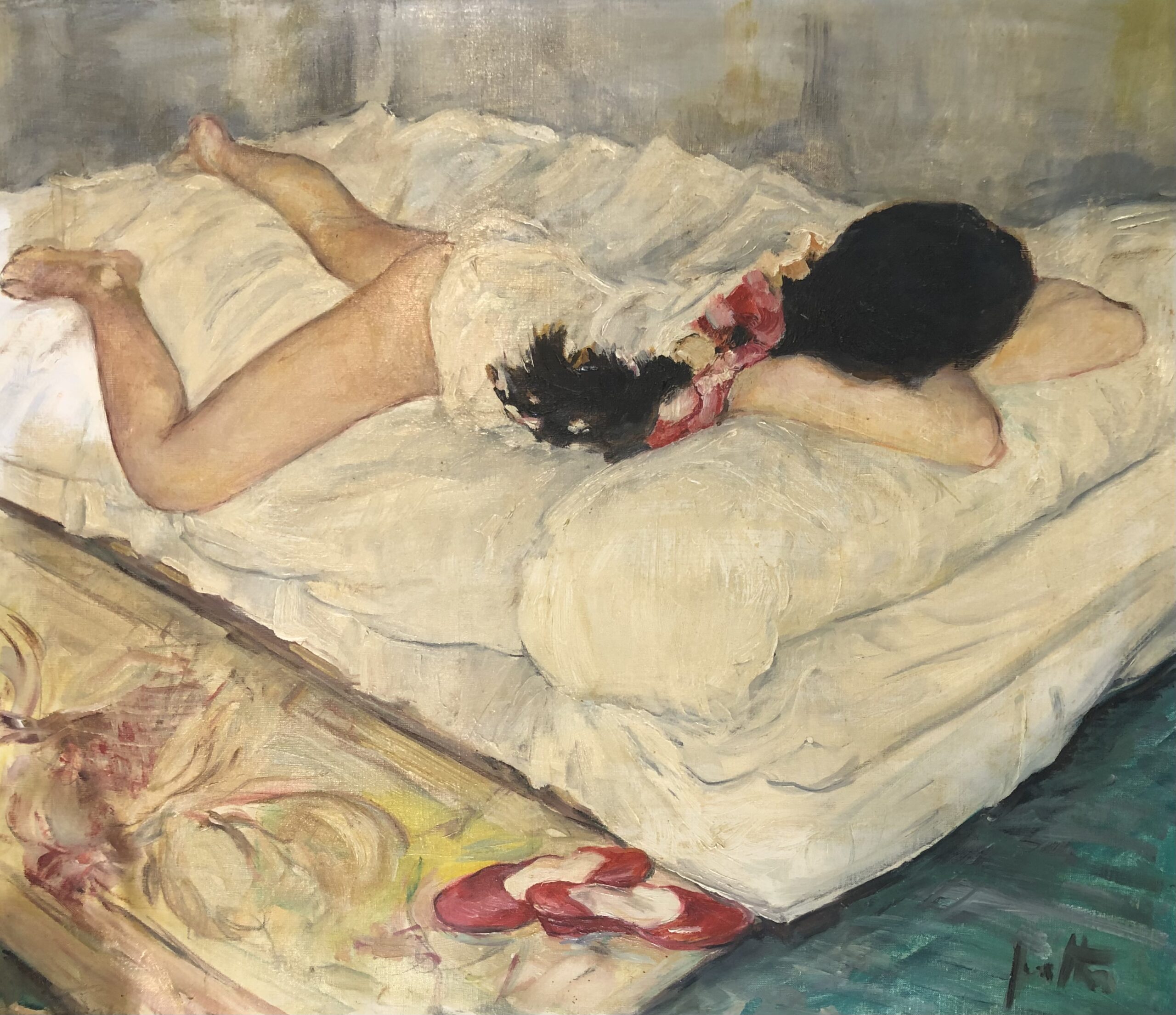Avant restauration du tableau - Artiste inconnu, Femme endormie, Peinture à l’huile sur toile, XXème siècle