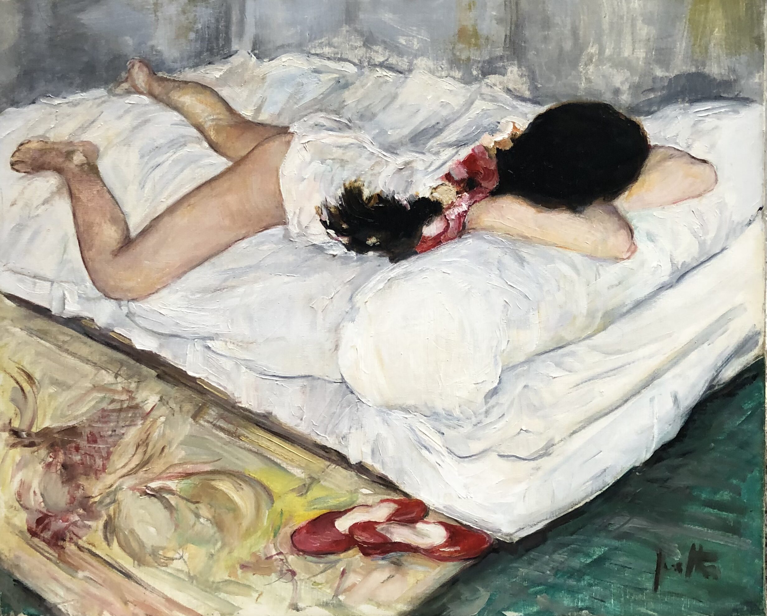 Après restauration du tableau - Artiste inconnu, Femme endormie, Peinture à l’huile sur toile, XXème siècle